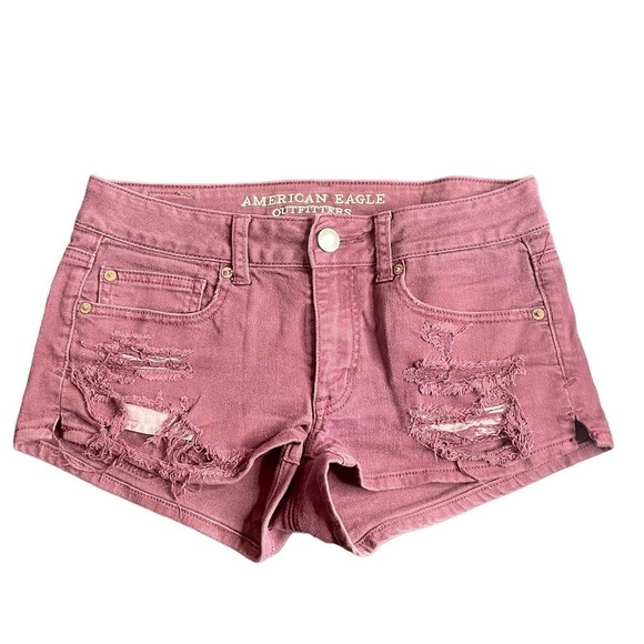 American Eagle Maroon Red Distressed Shortie Short Bootie Denim Jean Shorts Sz 6 - Picture 1 of 9